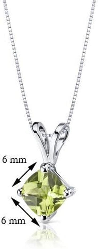 Solid 14K White Gold Peridot Pendant for Women, Genuine Gemstone Classic Solitaire, Cushion Cut, 6Mm, 1 Carat Total, Real Gold Peridot Jewelry, August Birthstone Necklace, W/Jewelry Box