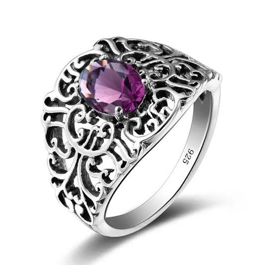 2017 Luxury Big Purple Created Amethyst Stone Ring Vintage Crystal Antique Rings For Women Party Christmas Gift Turkish Jewelry