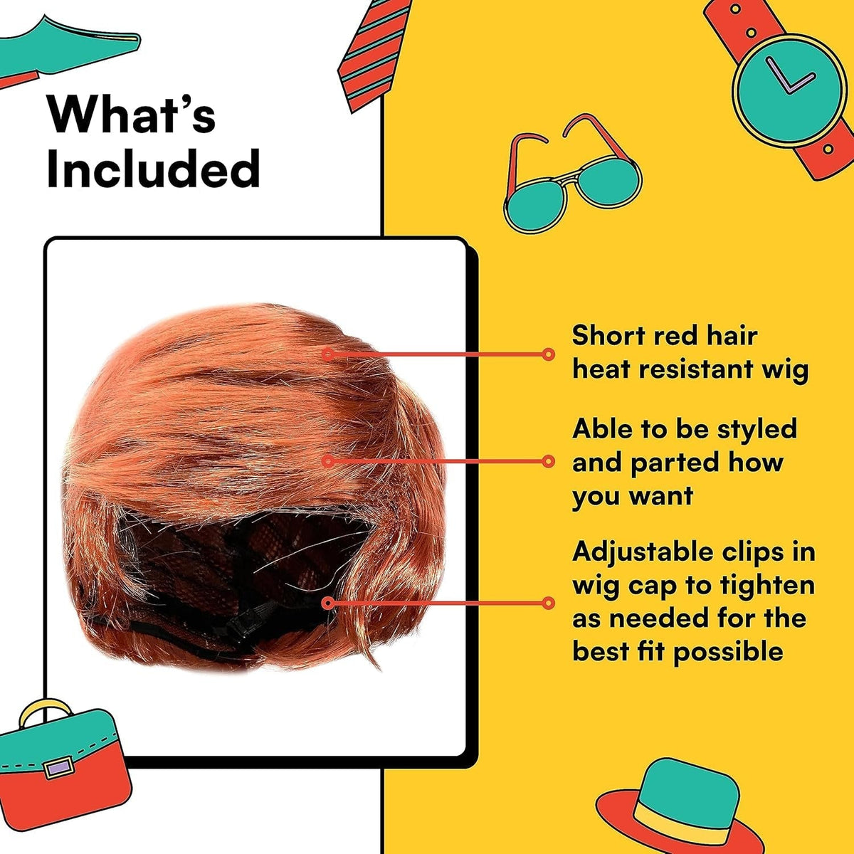'- Chill Guy Al Wig - Movie Quality Short Synthetic Layered Red Doll Costume Hair for Men with Adjustable Wig Cap