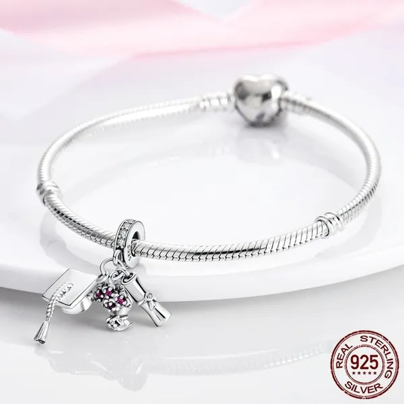 Graduation Flower Diploma Charm 925 Silver Pendant Beads fit  Bracelet Necklace Original DIY Women jewelry Gift