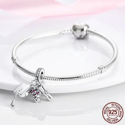 Graduation Flower Diploma Charm 925 Silver Pendant Beads fit  Bracelet Necklace Original DIY Women jewelry Gift