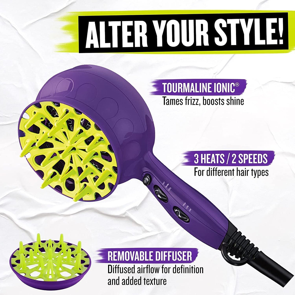 Curls-In-Check 1875W Hair Diffuser Dryer | Great for Curly Hair, Reduce Frizz & Static | Diffuser Hair Dryer Enhances Natural Curl, Waves & Texture