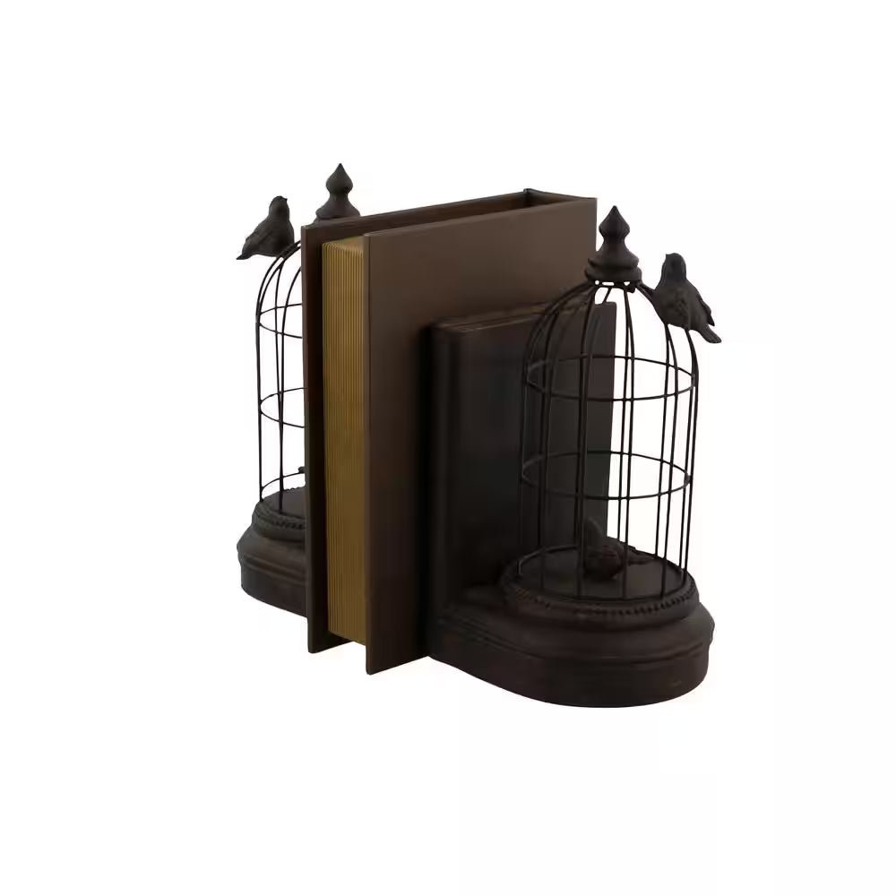 Black Metal Bird Bookends with Cages (Set of 2)