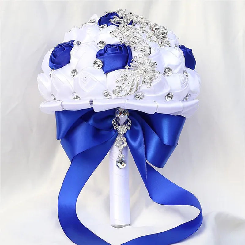 21CM Silver Rhinestone Bridal Hand Flowers Ribbon Wedding Hand Bouquet Mixed Color Silk Rose Diamond Brooch Bridesmaid Bouquet Wedding Supplies