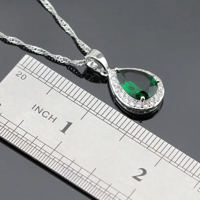 Water Drop Green Zircon White Topaz AAA Zircon 925 Silver Jewelry Sets Necklace Pendant Long Drop Earrings Ring for Women