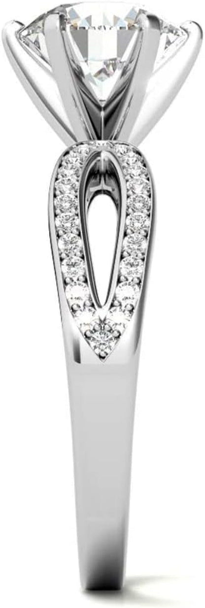 10K White Gold and 925 Sterling Silver 0.87 Carat round Brilliant Shape White Color Moissanite Diamond Pave Split Shank Wedding Ring for Her