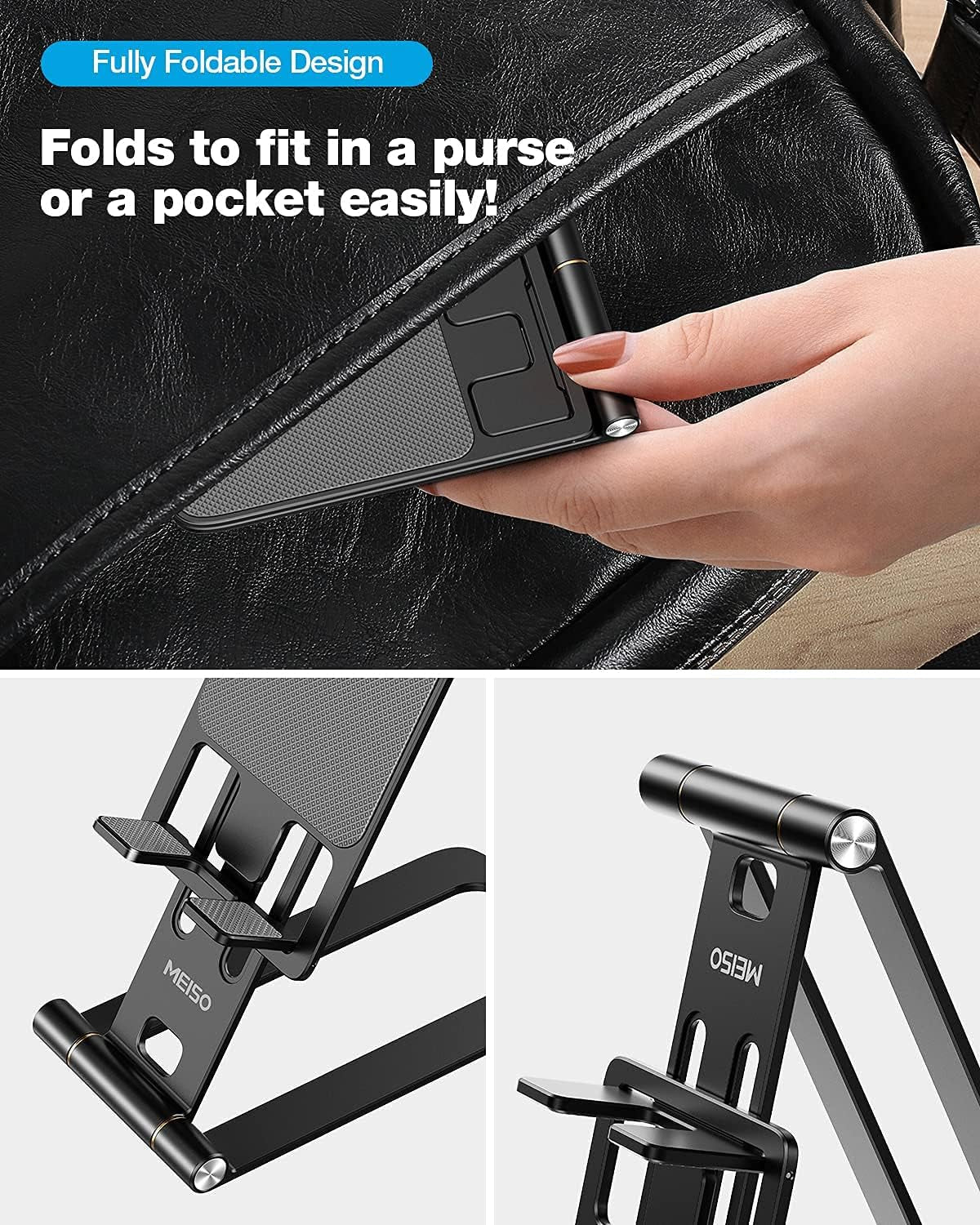 Foldable Aluminum Desktop Phone Stand, Portable Phone Stand, Adjustable Height Phone Holder, Cellphone Cradle Compatible with Iphone Pro/Max/Mini, Samsung Galaxy, Pixel Smartphone