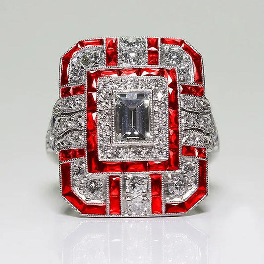 Antique Art Deco 925 Sterling Silver Red Ruby & Diamond Ring