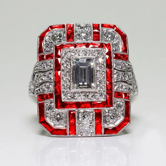 Antique Art Deco 925 Sterling Silver Red Ruby & Diamond Ring
