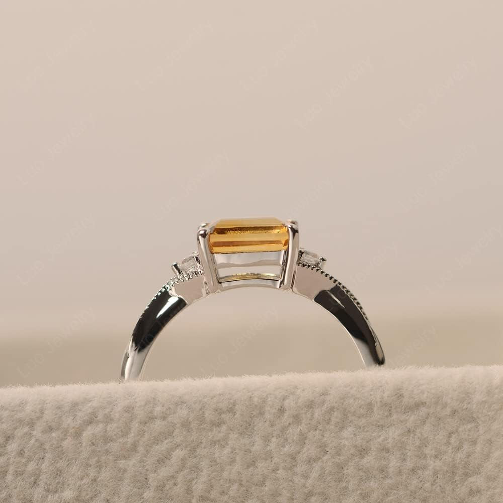 925 Sterling Silver Emerald Cut 7X5 MM Gemstone Ring East West Dainty Promise Ring for Women