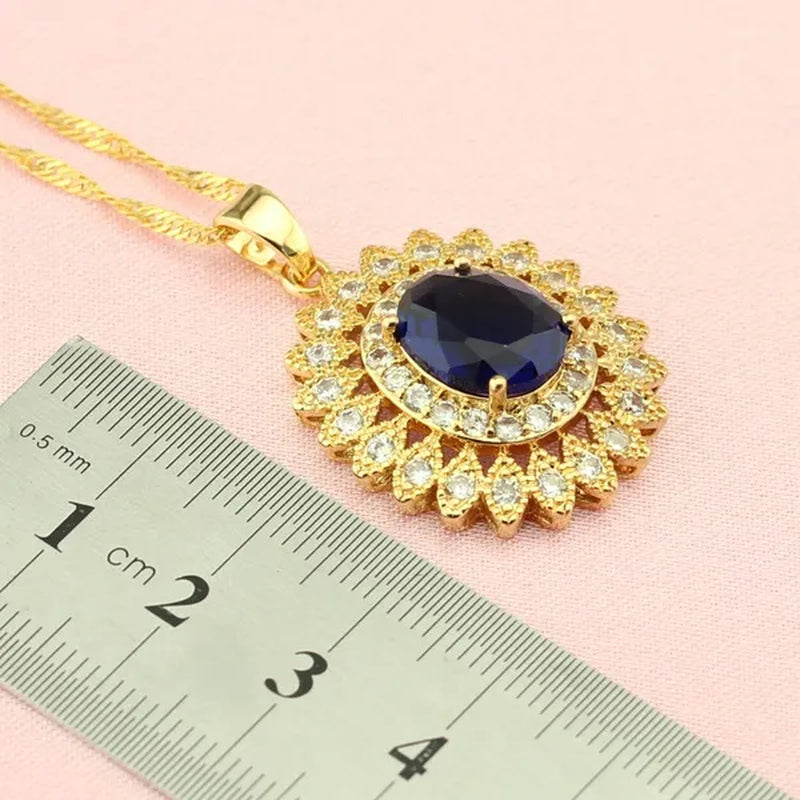 Women's Fashion Flower Shaped Gold Color Jewelry Sets Blue Zircon Earrings Pendant Rings Bracelet