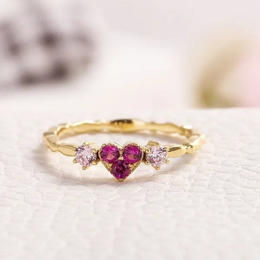 Fashion Simple 18K Yellow Gold Women Heart Ring Elegant Pink Sapphire Wedding Engagement Party Rings Women Jewelry