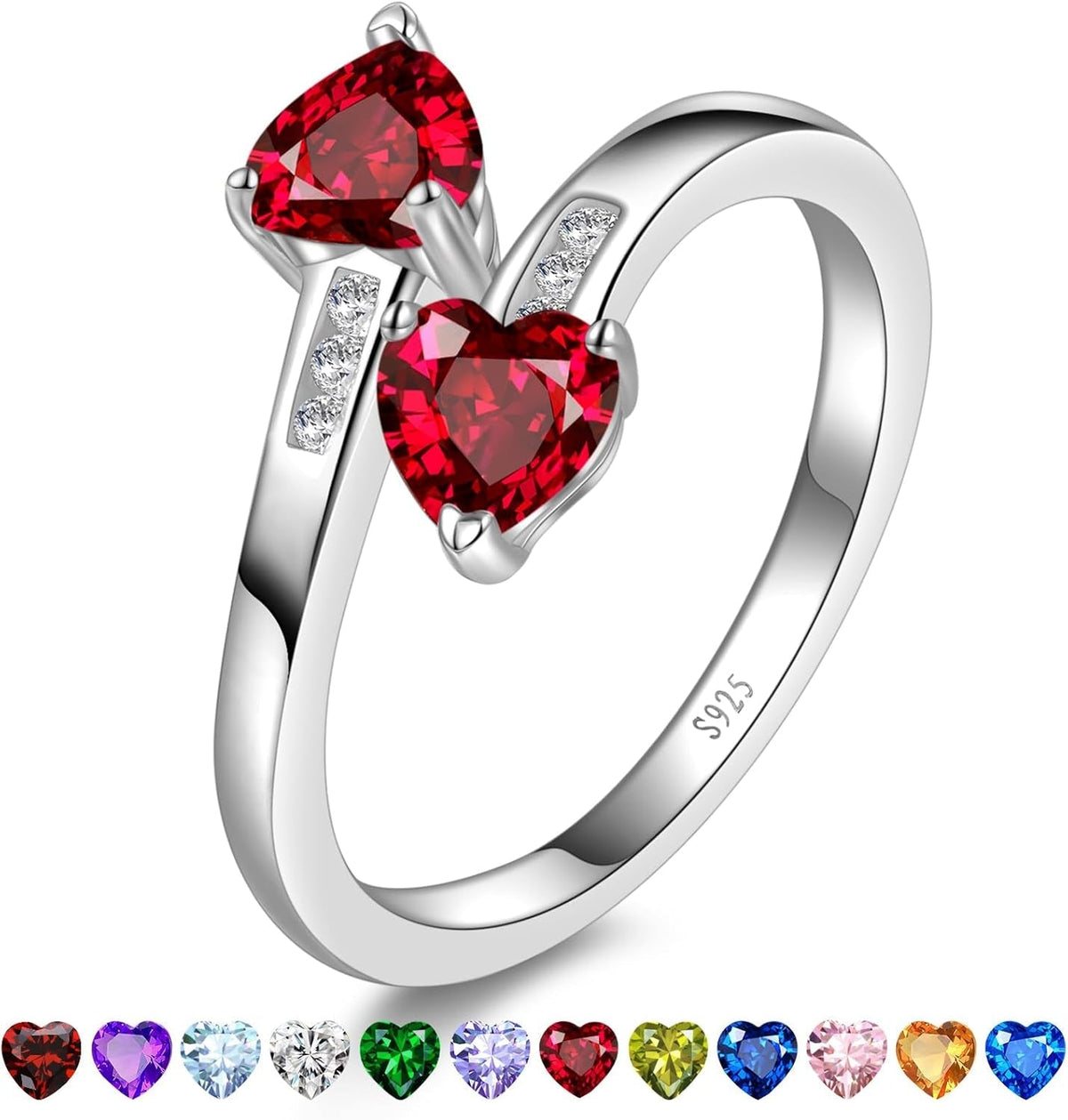 Adjustable Women Heart Ring 925 Sterling Silver Birthstone Rings for Women Promise Ring for Her Simulated Gemstone Statement Stackable Band Width 2Mm Open Size 5~9