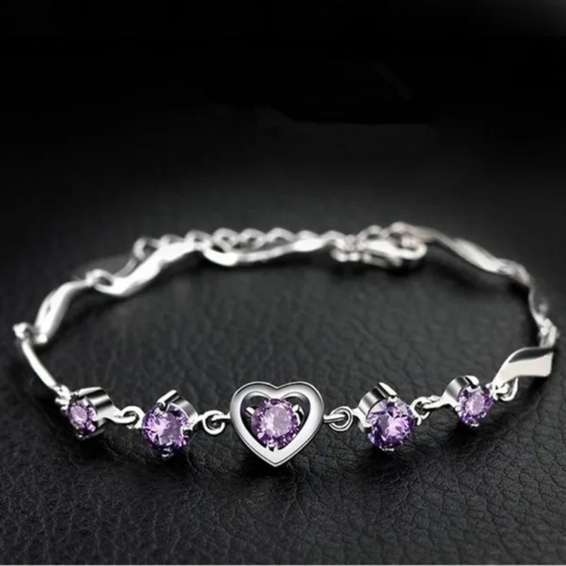 925 Sterling Silver Heart-shaped Amethyst Bracelet Ladies Fashion Jewelry Christmas Gift