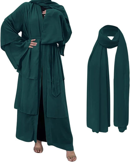Muslim Chiffon Abaya for Women Open Front Cardigan Modest Dress with Hijab Scarf Middle East Arabian Robe Islamic Long Dress