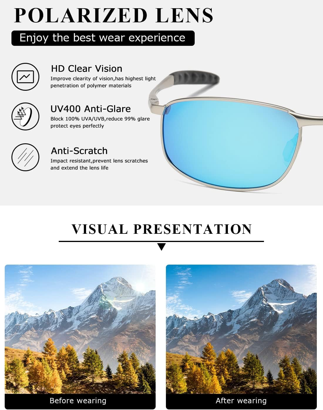 Polarized Sunglasses for Men Rectangle Metal Frame Retro Sun Glasses AE0395