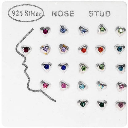 Sterling Silver Clear Crystal Heart Shape Bone Stud Pin Hoop Piercing Nose Ring Earrings