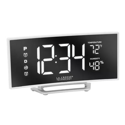 Curved Mirror LED Alarm Clock with Temperature & Humidity, USB Port