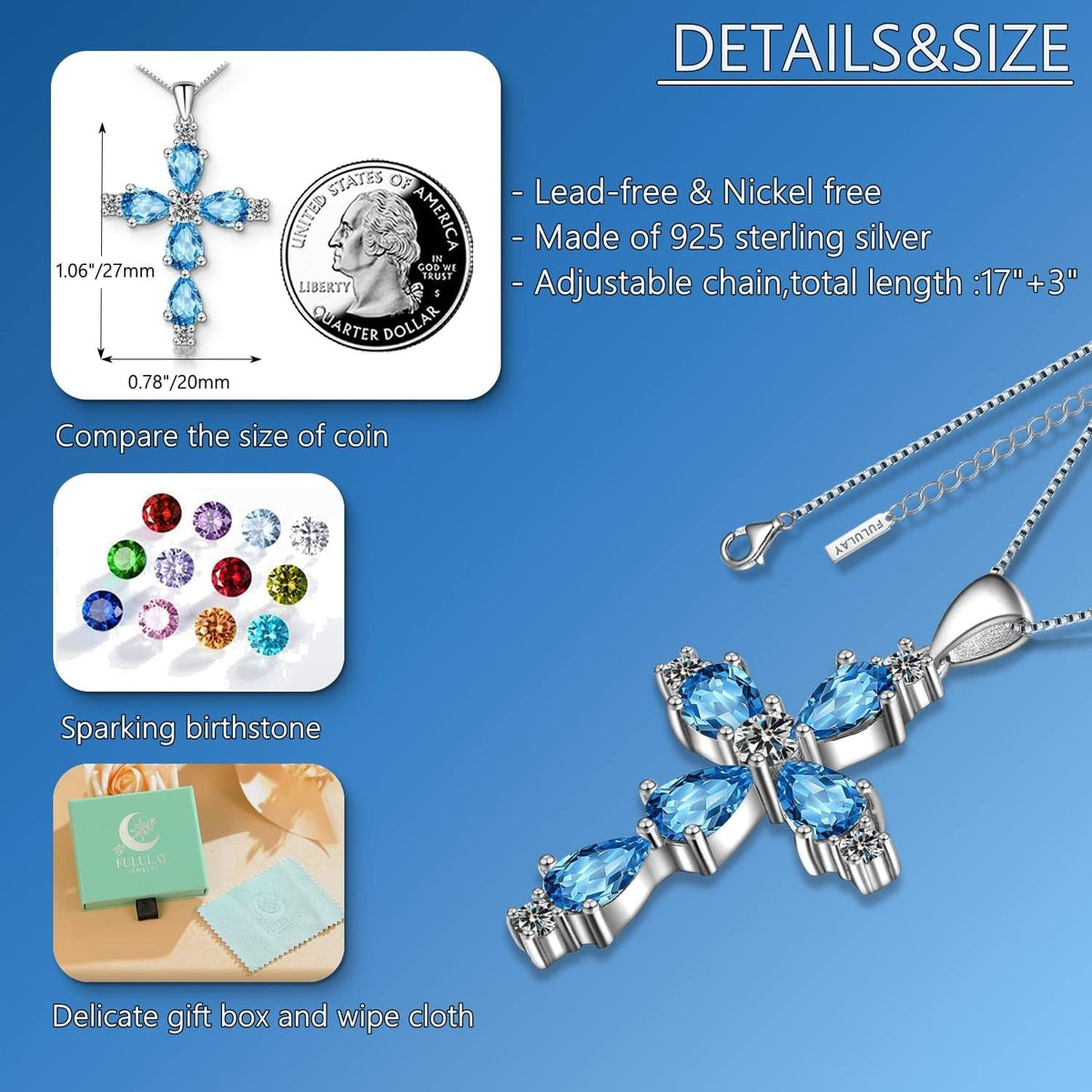 Cross Necklace for Women,925 Sterling Silver Jesus Christian Religious Birthstone Jewelry