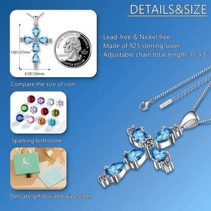 Cross Necklace for Women,925 Sterling Silver Jesus Christian Religious Birthstone Jewelry