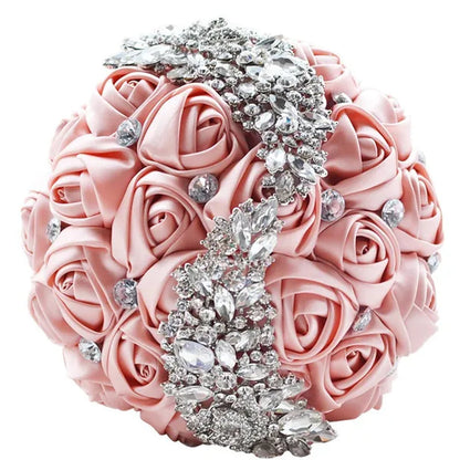 18CM Silk Rose Ribbon Wedding Bouquet Shiny Diamond Brooch Bridal Bouquet Creative Handmade DIY Bridesmaids Holding Flowers Wedding Party Simulation Flower