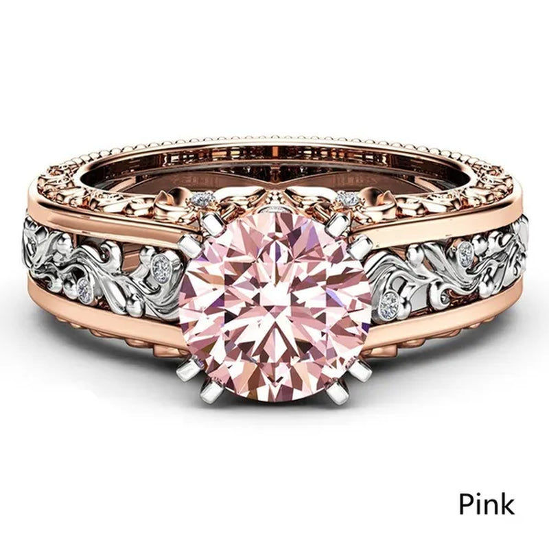 10mm Round Cut Rose & White Gold Plated 925 Sterling Silver Champagne & White Topaz Bridal Engagement Two Tone Gold Ring Size 5-11