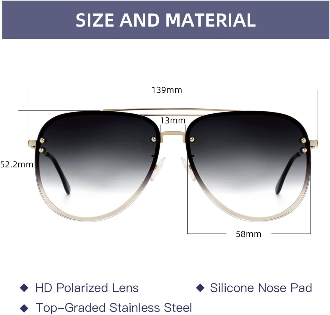Premium Rimless Oversized Aviator Sunglasses for Women, Polarized PC Lens UV Protection Women’s Shade VF2203