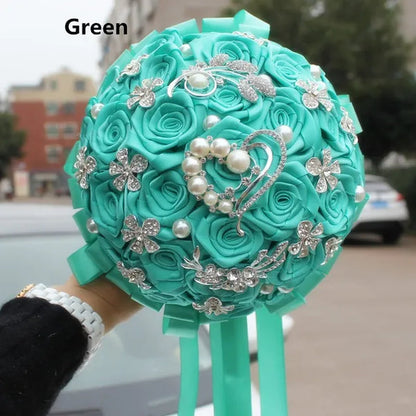 18CM Crystal Wedding Bouquets 100% Handmade Durable Holding Artificial Flowers Diamond Brooch Pearl Bridal Bouquets