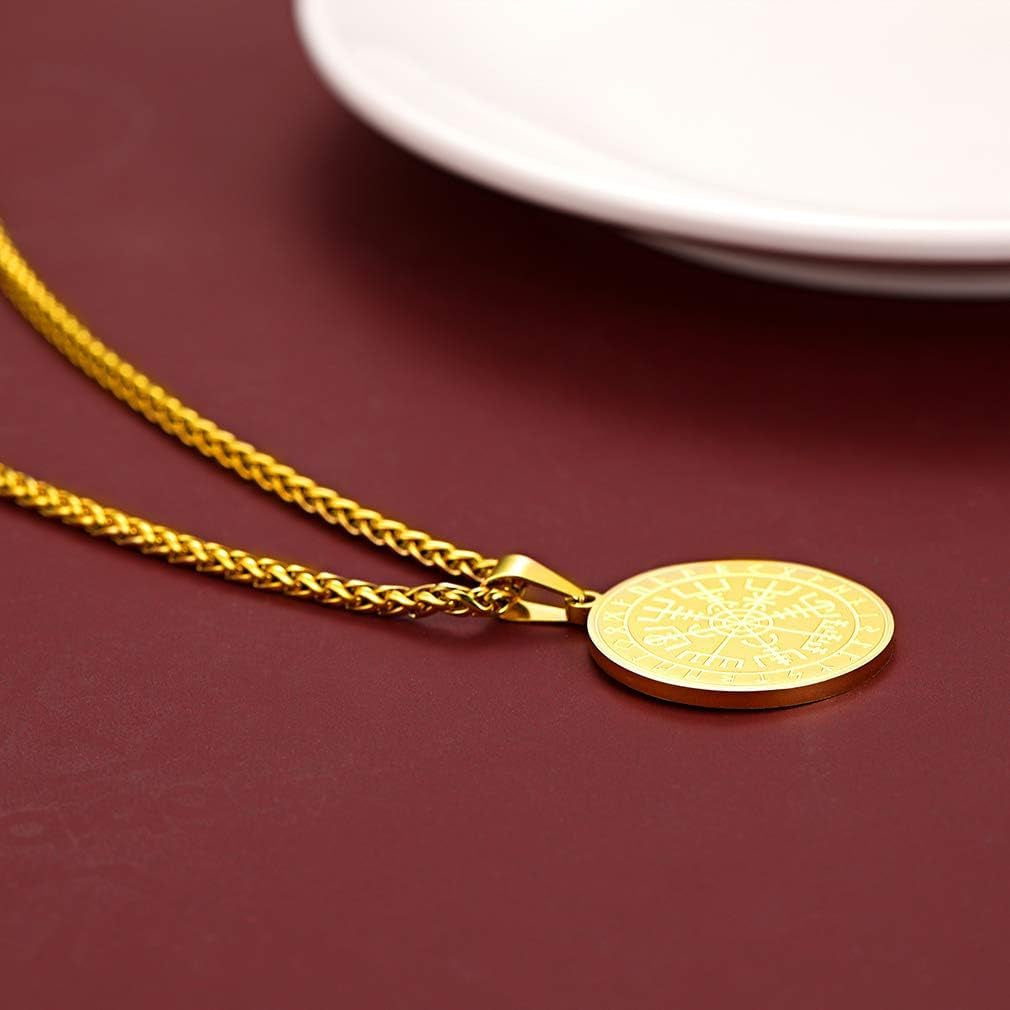 Viking Medal Necklace for Men Sturdy Stainless Steel Pendant Necklaces Retro Norse Mythology Jewelry with Gift Box