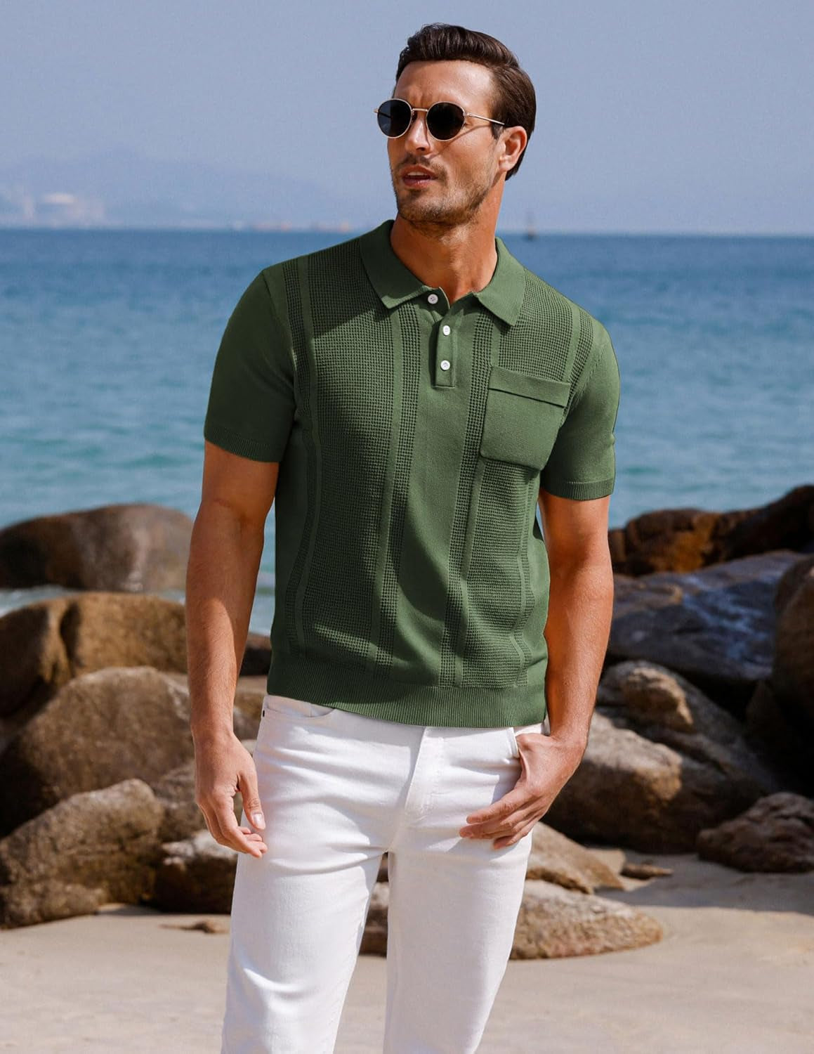Men'S Knit Polo Shirts Short Sleeve Texture Lightweight Golf Shirts Sweater