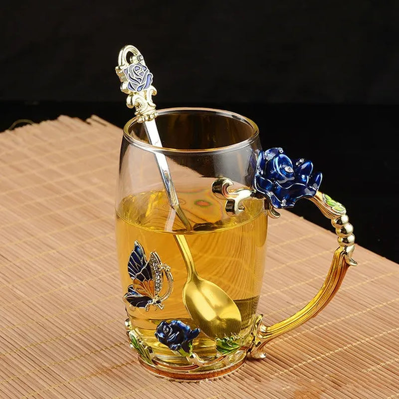 Red Blue Rose Enamel Crystal Cup Flower Tea Cup Butterfly Glass Water Cups Flower Mug with Spoon Set Perfect Gift for Lover Wedding