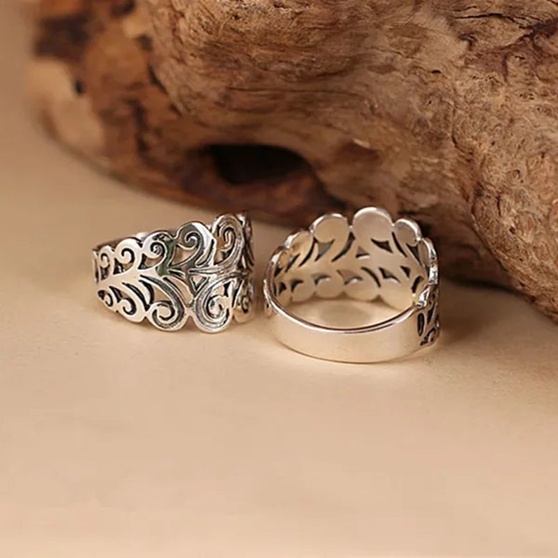 Women Antiquated Hollowout 925 Sterling Silver Colors Fern Style Rings Jewelry