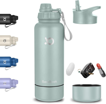32 Oz Insulated Sports Water Bottle with 8 Oz Storage Compartment, Double Wall Leak Proof Stainless Steel Bottle with 2 Lids for Sports and Travel, Cold and Hot Drinks, Bpa-Free - Green