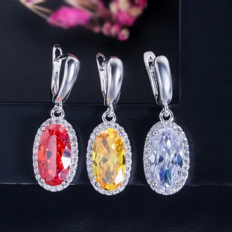 Gloriya Brand 925 Sterling Silver Bright Oval Yellow Topaz Crystal with White CZ Pendant Necklace Earrings and Ring Set for Women Gorgeous Cocktail Party Jewelry Sets