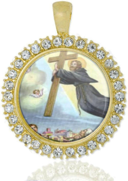 St Joseph of Cupertino Christian round Medal Gold Tone Pendant with Rhinestones