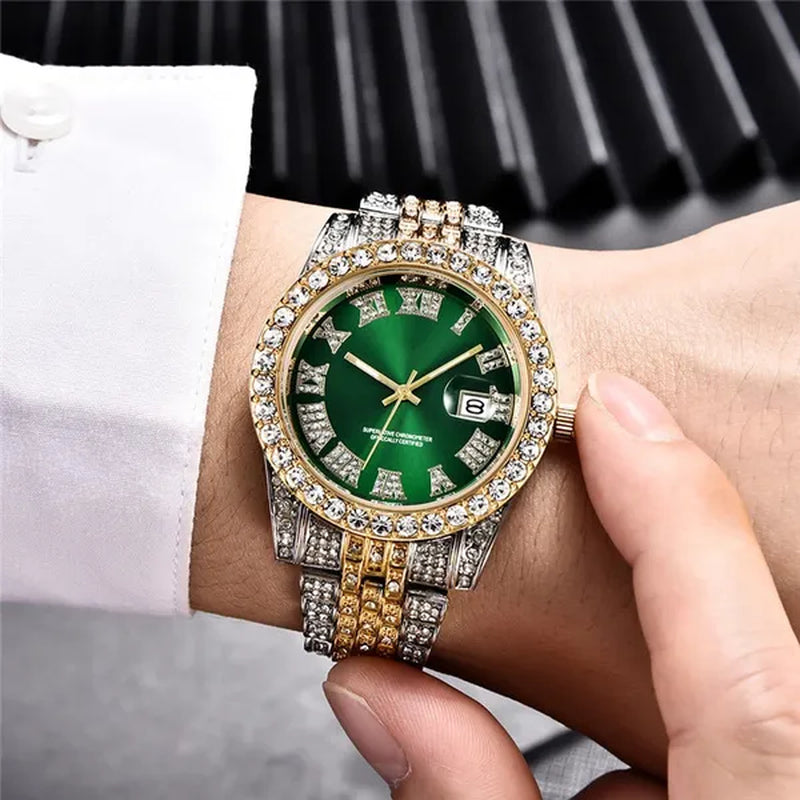 Full Bling Gold Large Diamond Watch For Men ICED-Out Hip Hop Mens Quartz Watches Waterproof Date Male Clock Gold Steel Relogio