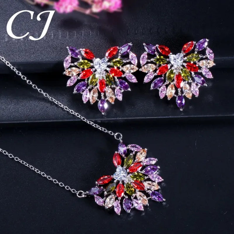 CANDICE New Fashion Women Heart Pendant Jewelry Set Pave Purple Red Green Marquise Cubic Zirconia Party Chain Necklace Big Stud Earrings Sets for Girls Gift