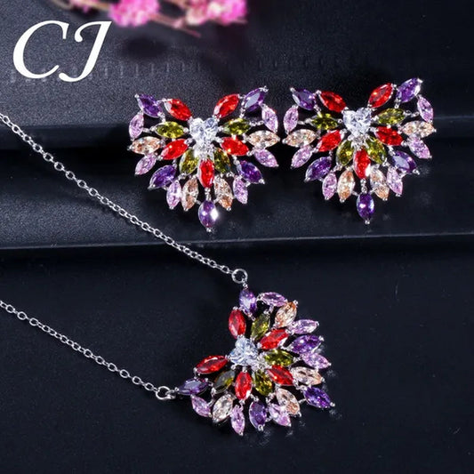 CANDICE New Fashion Women Heart Pendant Jewelry Set Pave Purple Red Green Marquise Cubic Zirconia Party Chain Necklace Big Stud Earrings Sets for Girls Gift