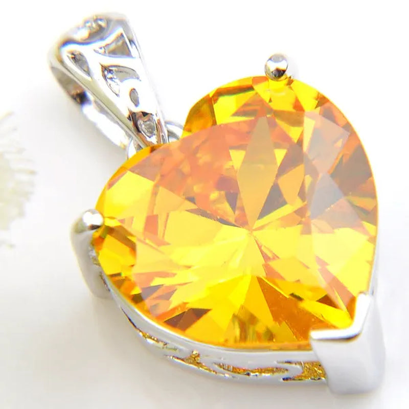 Excellent Shine Heart Fire Royal Citrine Yellow Cubic Zirconia Gems Silver Pendant Necklace
