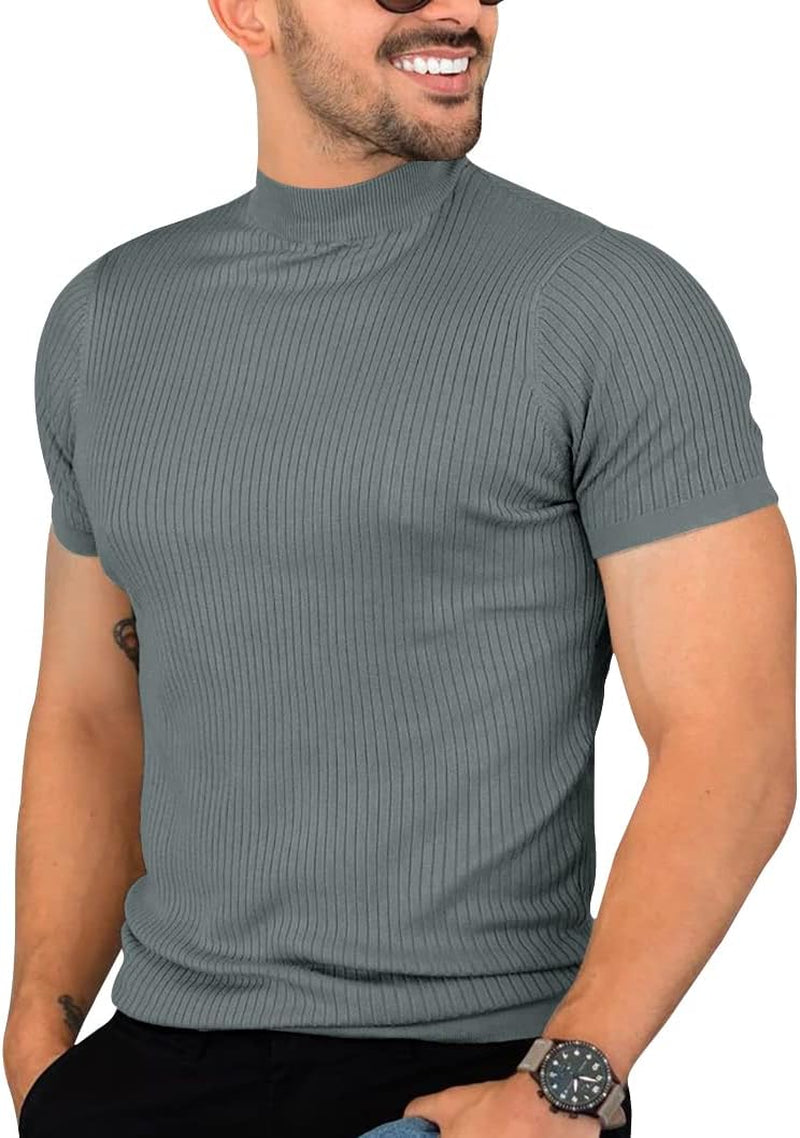 Mens Casual Slim Fit Basic Tops Short Sleeve Shirt Turtleneck T Shirts Rib Knitted Stretch Pullover Sweater