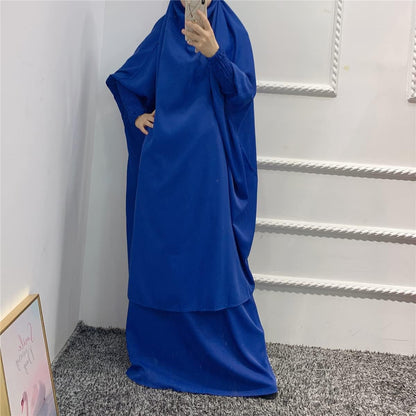 Women Muslim 2 Set Solid Color plus Long Sleeve Thobe One-Size Longuette Overall Abaya Thobe with Hoodied Hijab