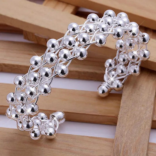 925 Sterling Silver Smooth Round Beads Hand-woven Four-row Wide Face Bangle Bracelet Fashion Charm Party Jewelry