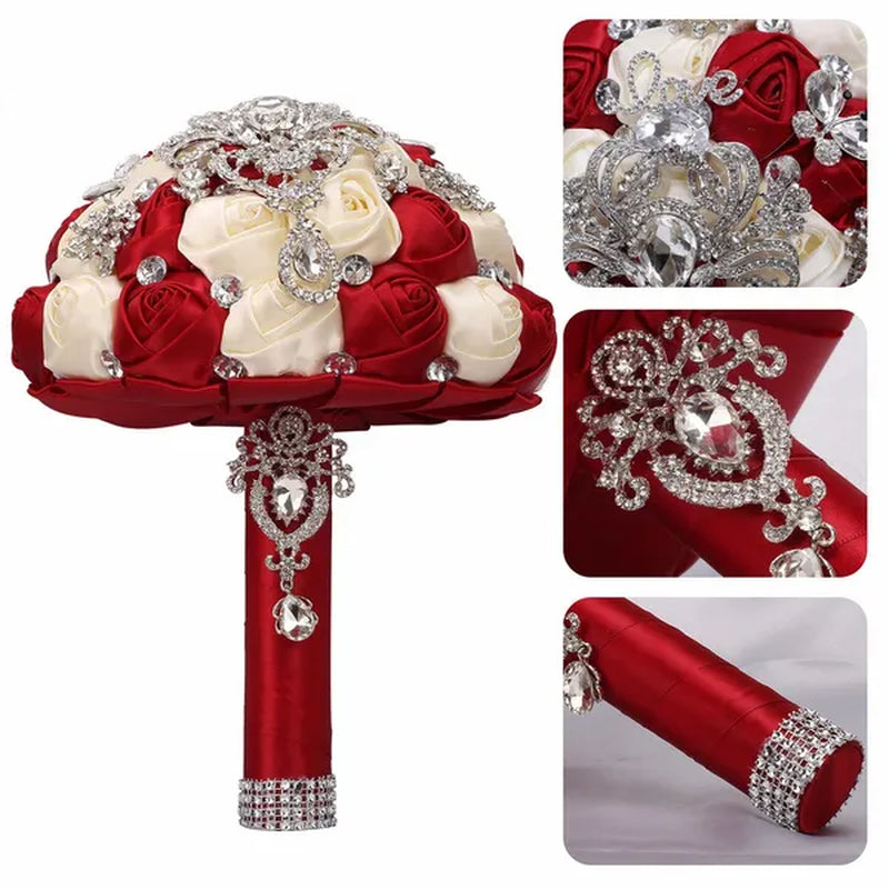 21CM Shiny Silver Rhinestone Brooch Bridal Bouquet Handmade Silk Rose Ribbon Diamond Wedding Flower Bouquet Bridesmaid Holding Flowers