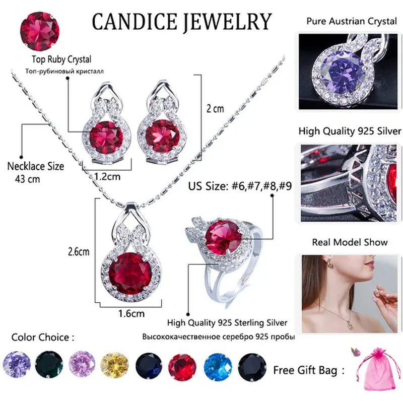 CANDICE Romantic Sterling Silver Jewelry Purple Crystal Pendants Necklace Earrings Ring Set for Women Girls