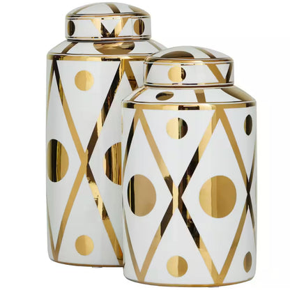 White Ceramic Geometric Decorative Jars with Gold Accents (Set of 2)