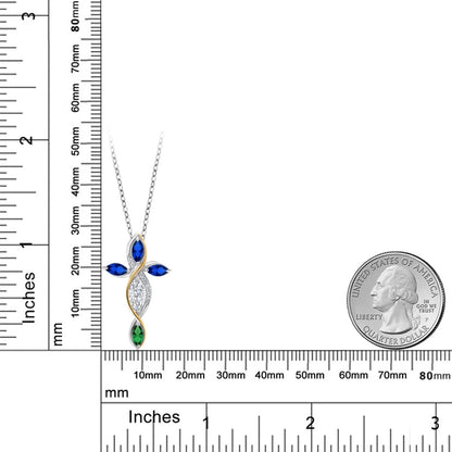925 Silver and 10K Yellow Gold White Moissanite Blue Created Sapphire Green Nano Emerald and Lab Grown Diamond Cross Pendant Necklace for Women | 1.47 Cttw | Gemstone Birthstone | Marquise 8X4MM |