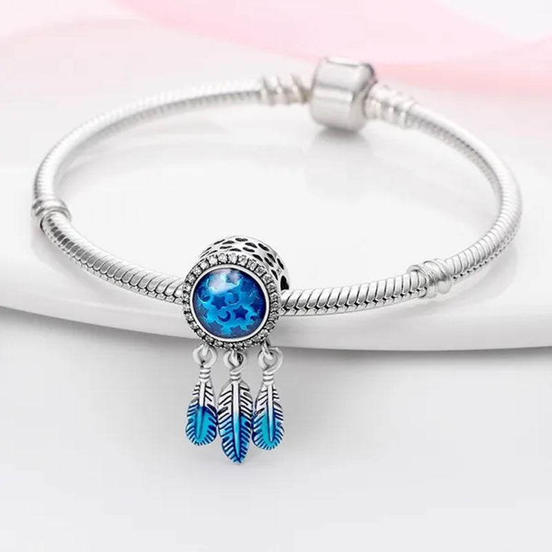 Original 925 Sterling Silver Blue Zircon Dream Catcher Stars Pattern Pendant Charm Fit Woman Bracelet Diy Fashion Jewelry