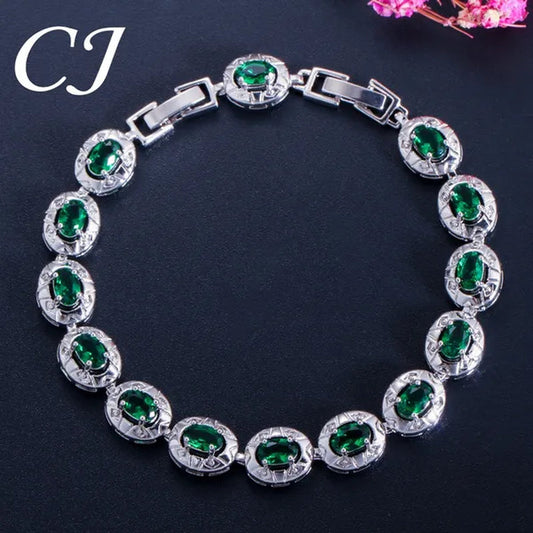 CANDICE Silver Plated Link Chain Bracelets Round Green Crystal Fashion Jewelry For Lady（Extended Clasp）