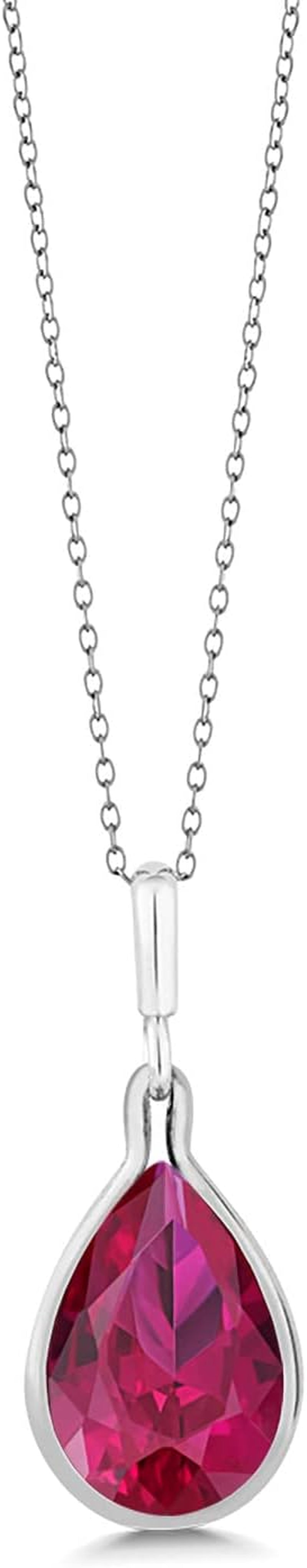 9.62 Cttw Red Created Ruby Pendant Necklace for Women in 925 Sterling Silver | Pear Shape 16X12MM | with 18 Inch Silver Chain