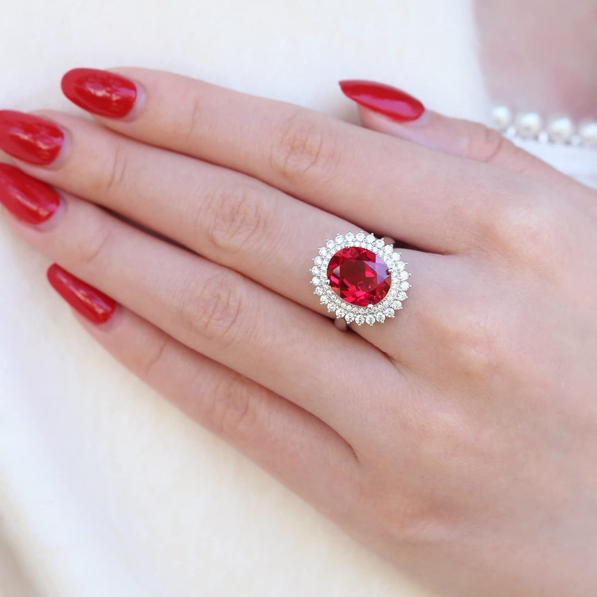 925 Sterling Silver Created Ruby Red Gemstone Index and Mid Finger Cocktail Vintage Ring for Women Oval Shape